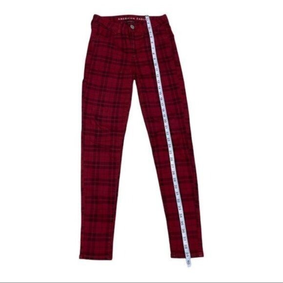 American Eagle Plaid Red/ Black Next Level Stretch Jeans Size 2 - Picture 7 of 12